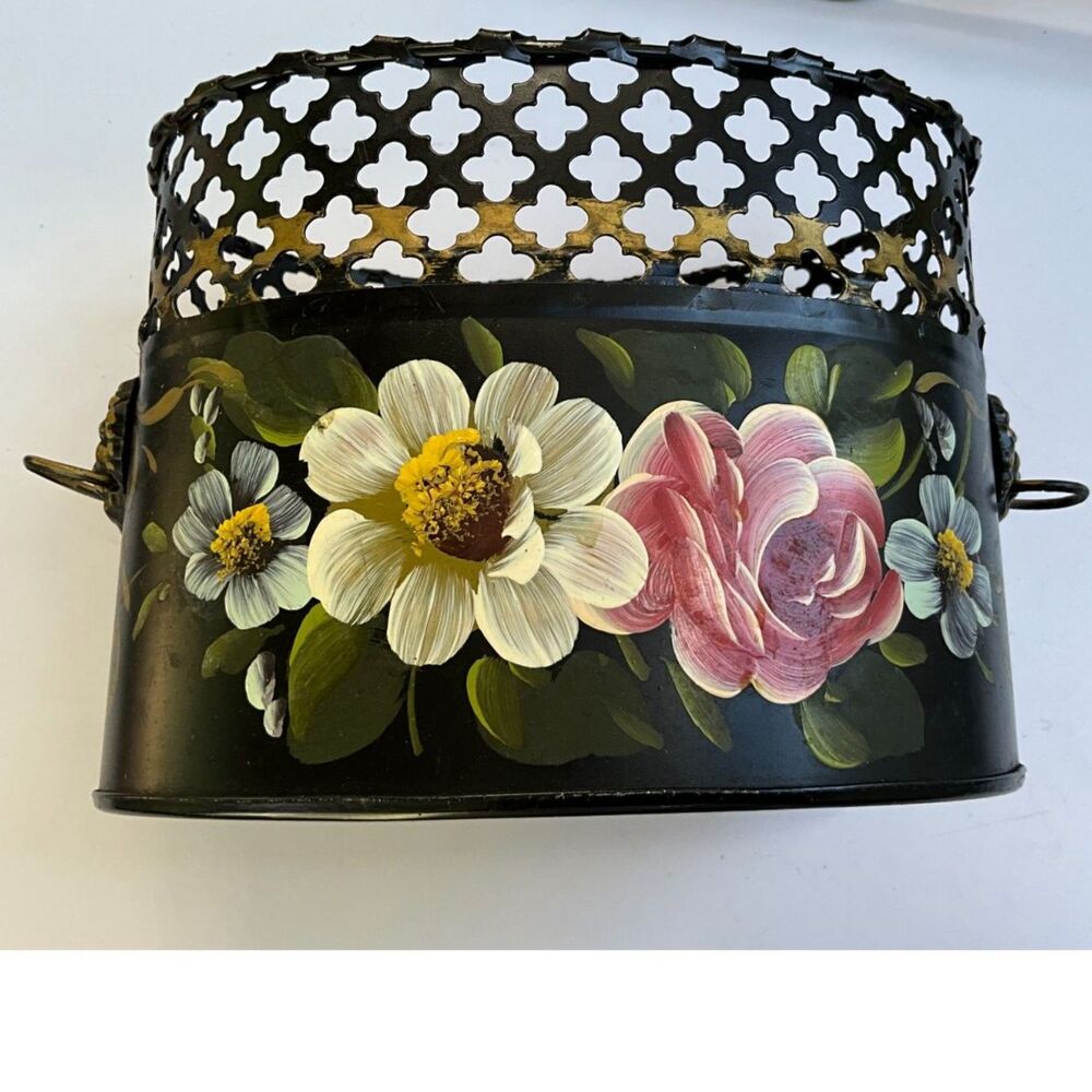 Incredible Vintage Black tole planter mail holder hand painted flowers gorgeous - Picture 2 of 7